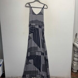 Banana Republic Jesey Maxi Tank Dress L geometirc navy blue v neck modal